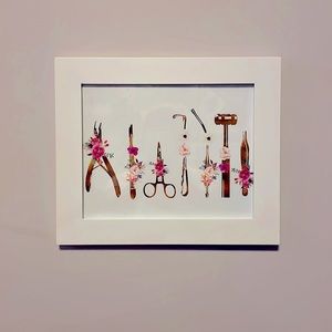 Framed artwork, wall art print of gold surgical instruments, new without tags
